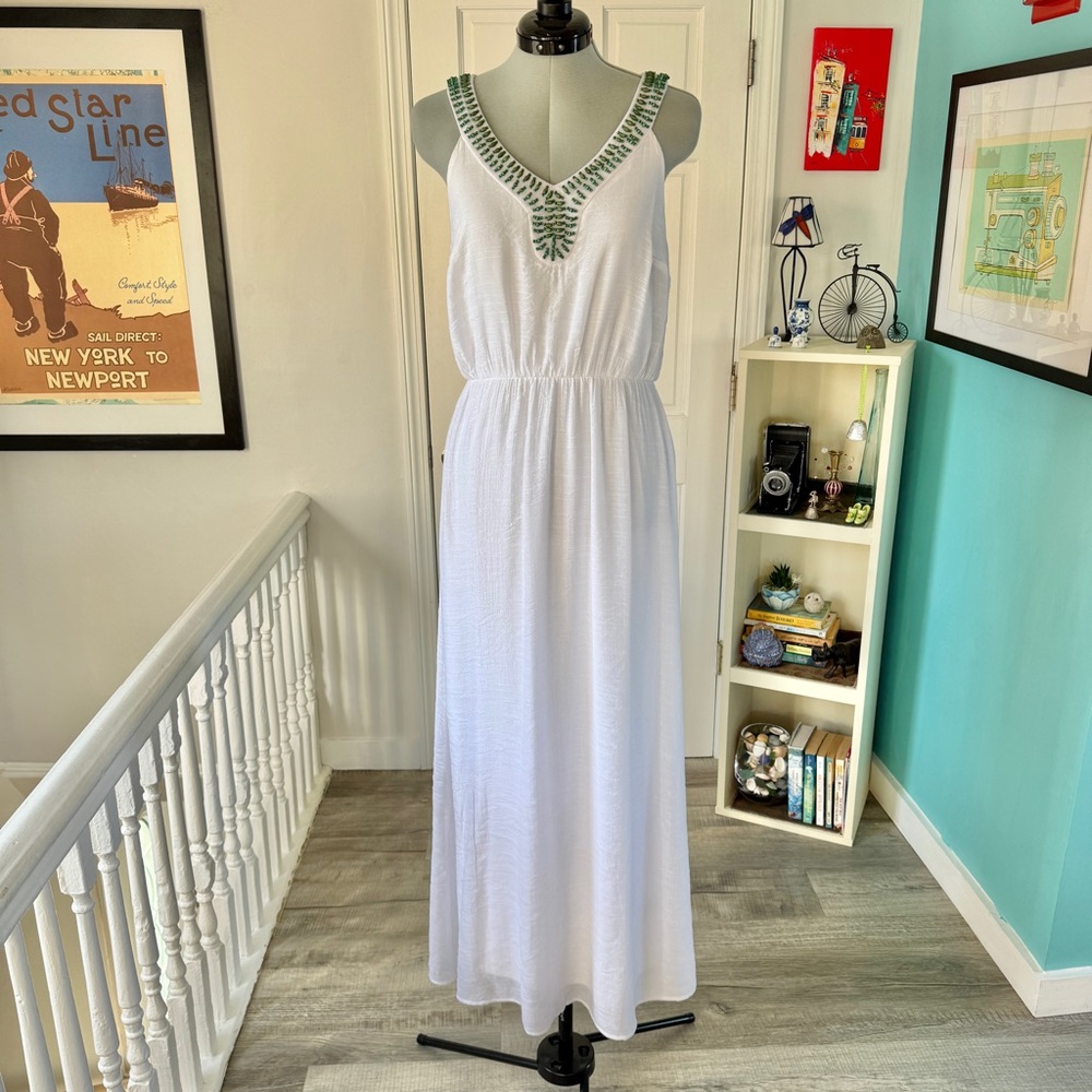 NEW with TAGS AGB White Maxi Gauze Dress with Green Beaded Accents (size S)